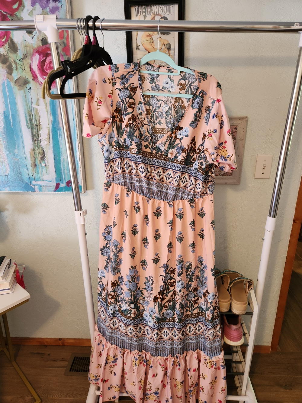 Women’s Pink Floral Maxi Dress with Blue Accents